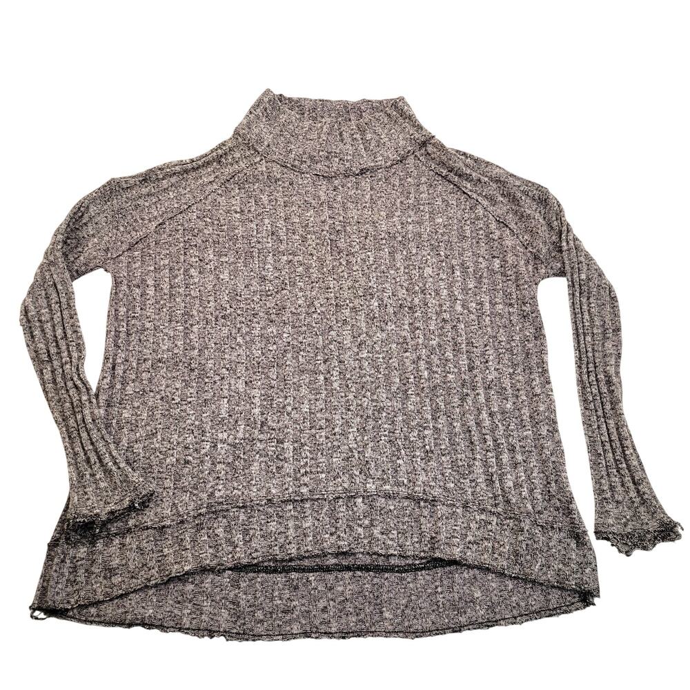 Free People Top Women's XS Gray Ribbed Mock Neck Boxy High Low Distressed Boho
